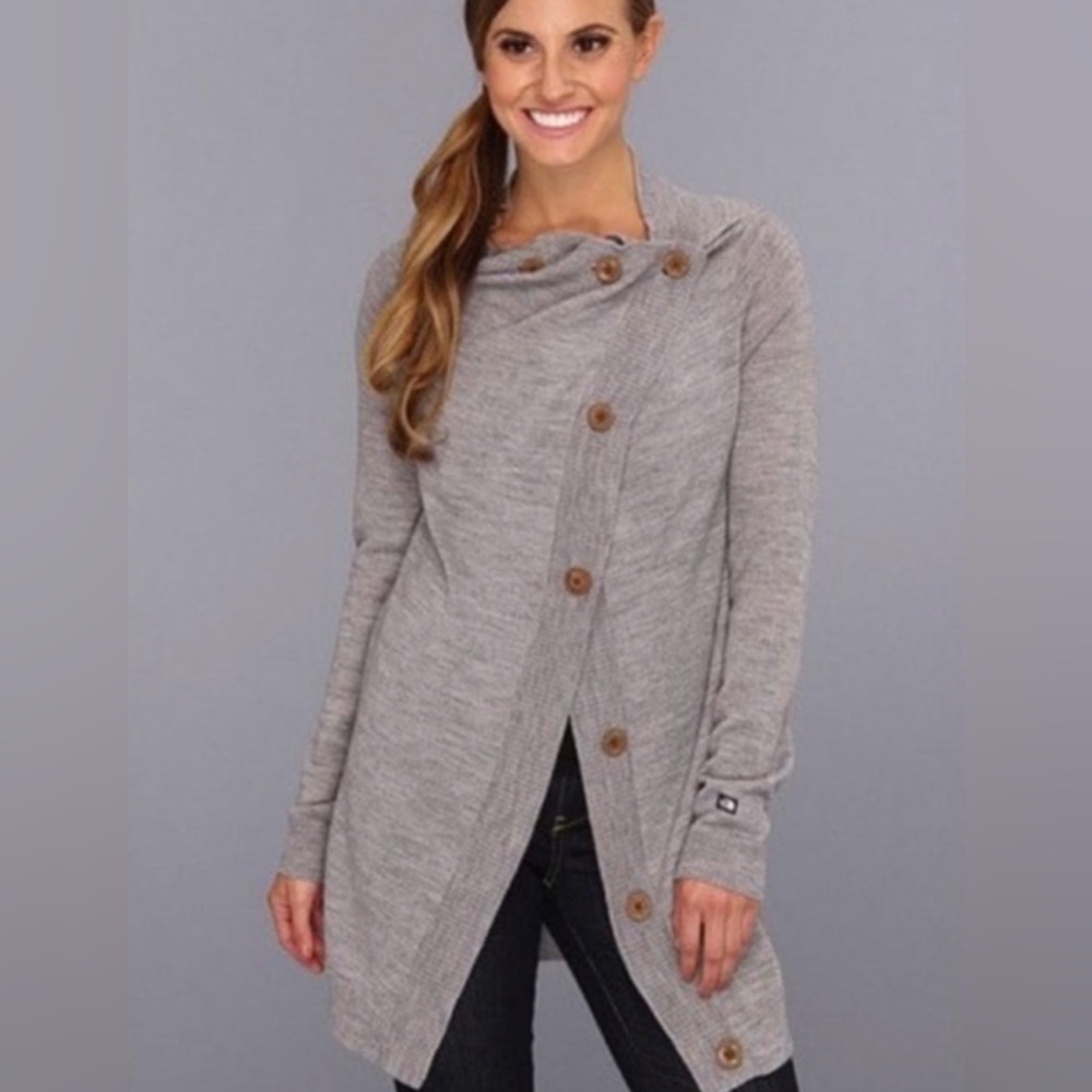 The North Face Wool Hideaway Sweater Wrap Cardigan Long Line Gray Button Small